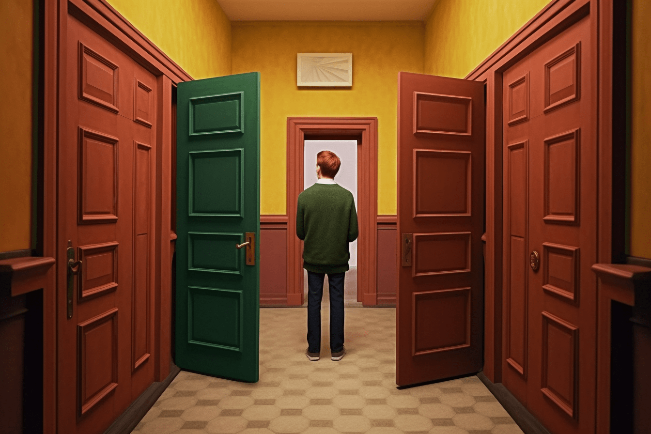 A person is presented with two open doors and must follow one