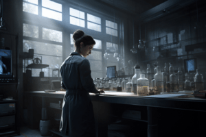 A young female scientist works alone in the lab before leaving to join a startup.